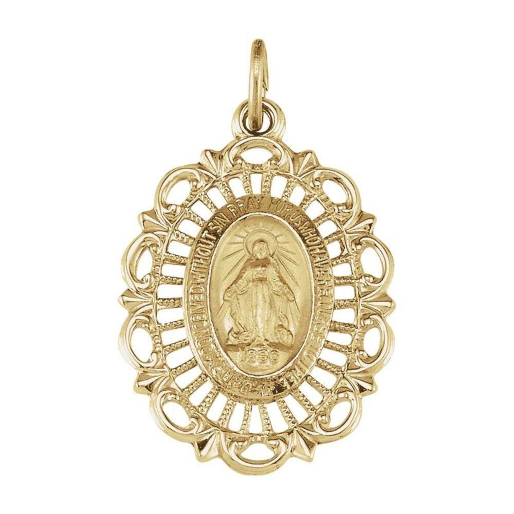 14k Yellow Gold Oval Filigree Miraculous Medal Pendant, 16 x 22mm